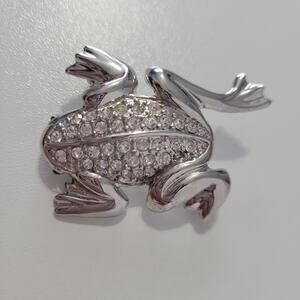 Silver Tone Frog Brooch Green Eyes Clear Crystal Body 2" Long Toad with Case